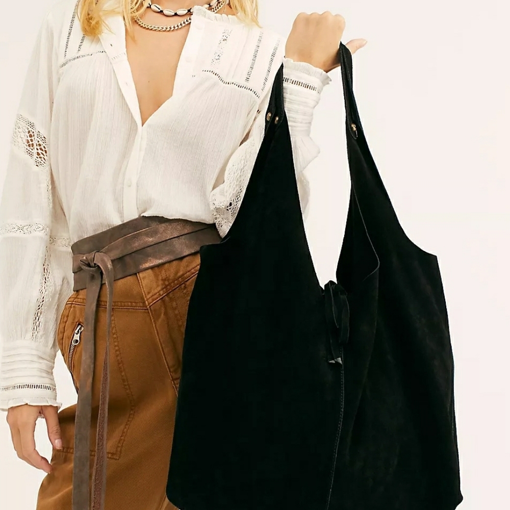 FREE PEOPLE HANDBAG XL HOBO PARIS SUEDE Black EXTERIOR POCKETS $98